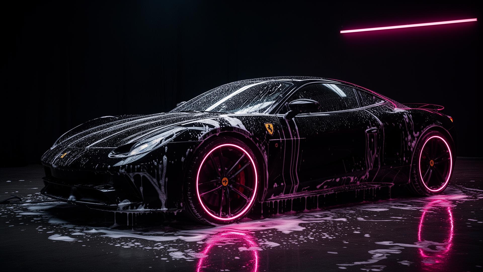Glossy black sports car with pink neon lighting