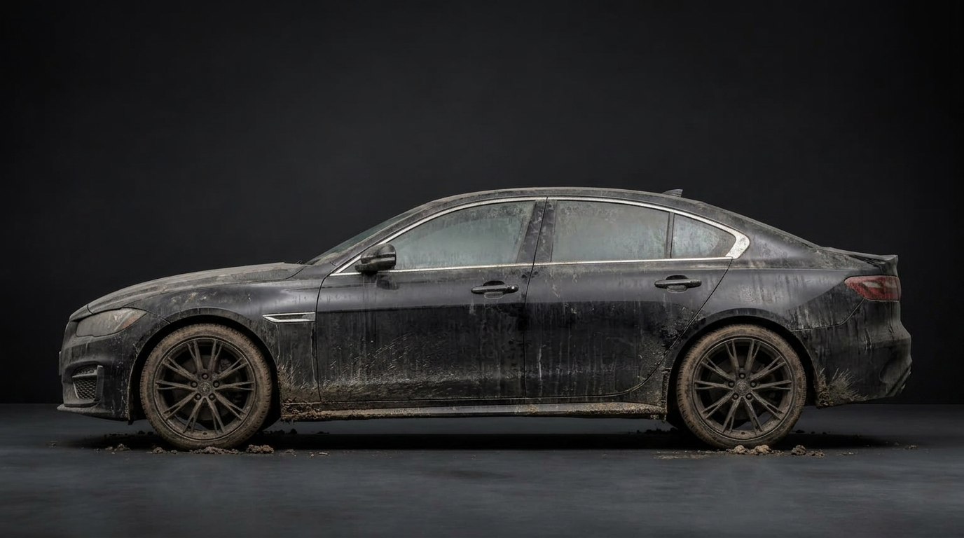 Dirty black sedan covered in dust, water spots, and road grime before detailing